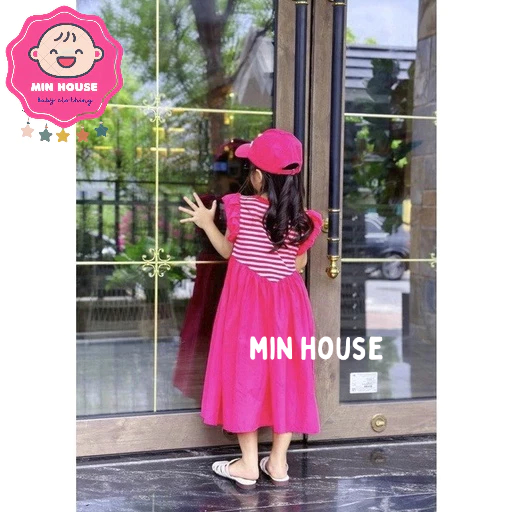 Váy thô kẻ sọc tay cánh tiên in hình gấu cầu vồng cho bé gái diện đi học, đi chơi