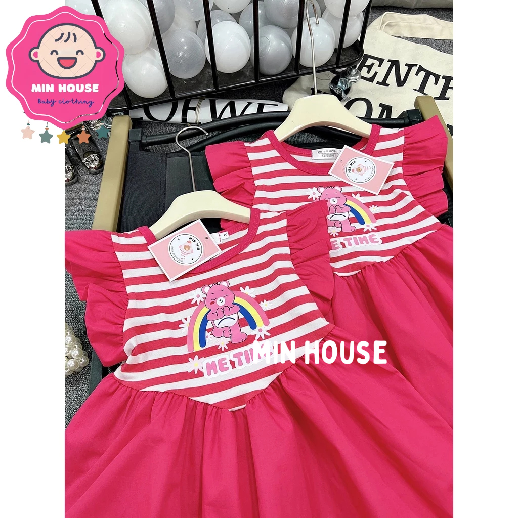 Váy thô kẻ sọc tay cánh tiên in hình gấu cầu vồng cho bé gái diện đi học, đi chơi