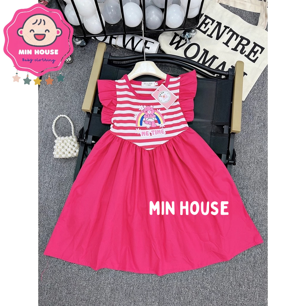 Váy thô kẻ sọc tay cánh tiên in hình gấu cầu vồng cho bé gái diện đi học, đi chơi