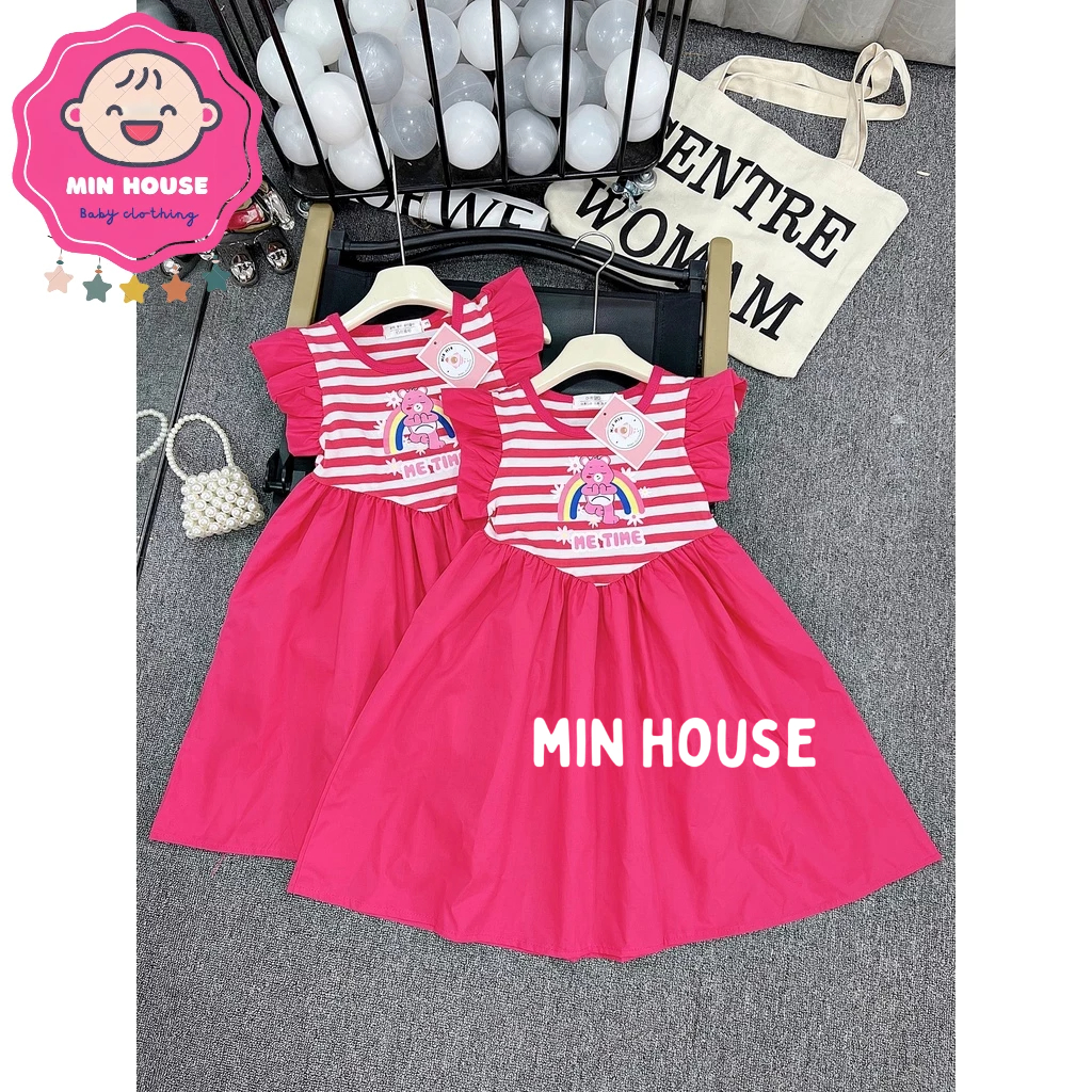 Váy thô kẻ sọc tay cánh tiên in hình gấu cầu vồng cho bé gái diện đi học, đi chơi