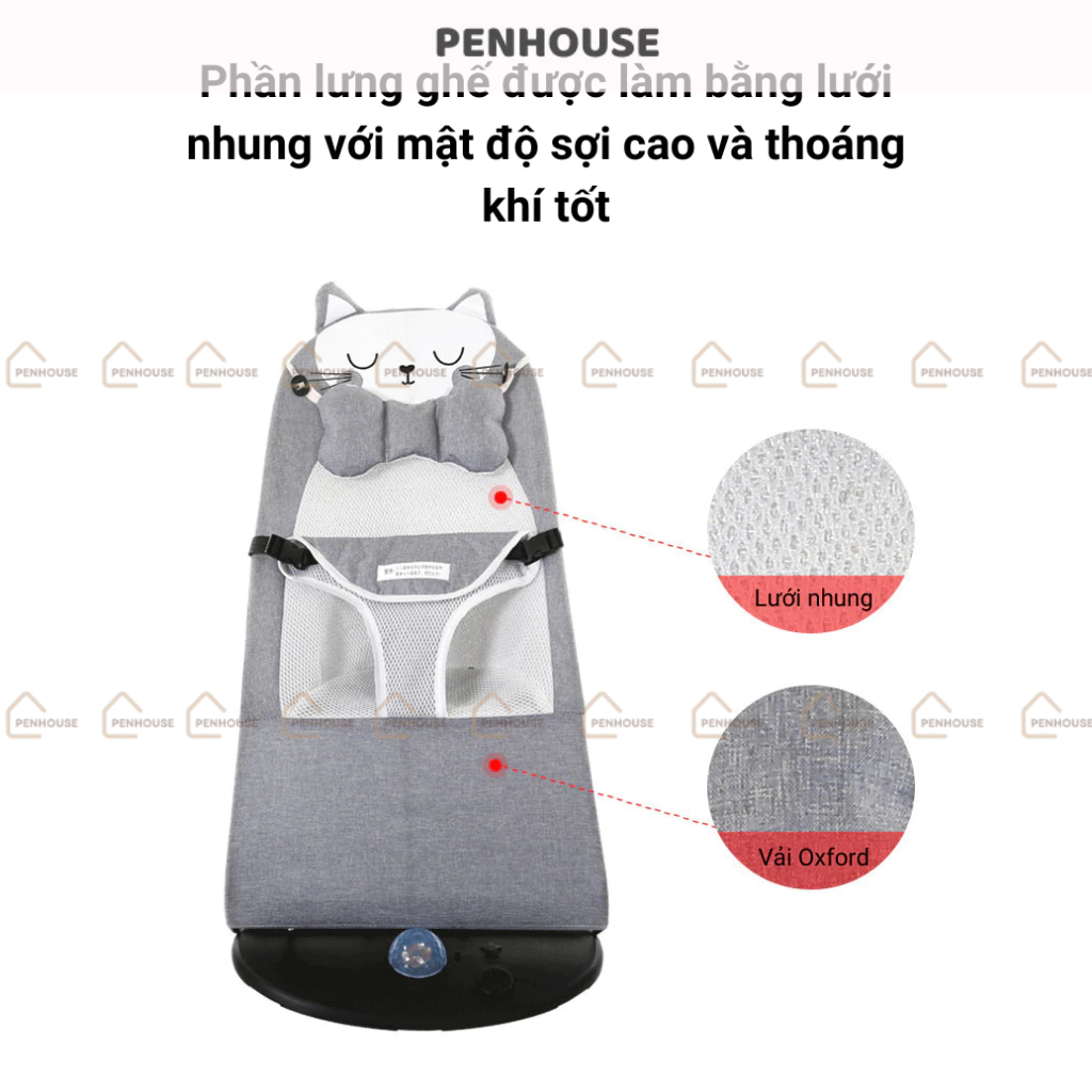 Ghế rung cho bé sơ sinh, ghé nhún bập bênh có gối đầu thanh treo đồ chơi đa năng PENHOUSE