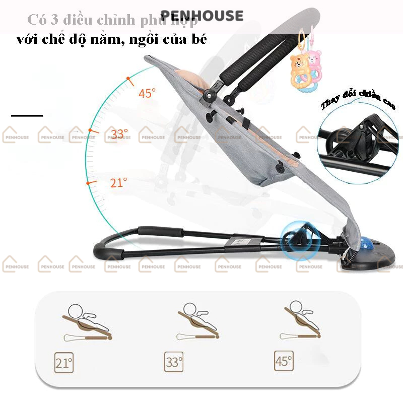Ghế rung cho bé sơ sinh, ghé nhún bập bênh có gối đầu thanh treo đồ chơi đa năng PENHOUSE