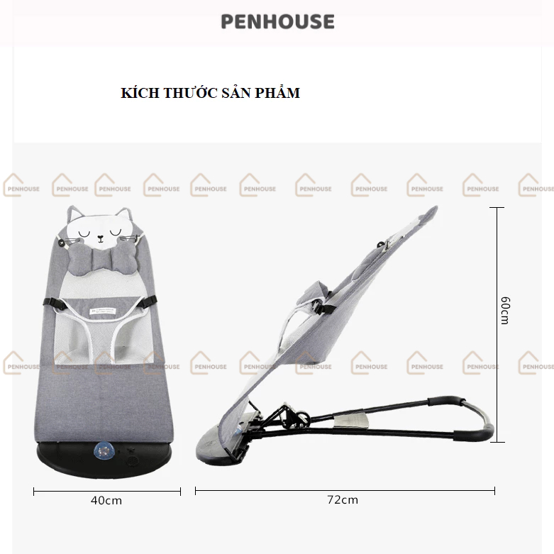 Ghế rung cho bé sơ sinh, ghé nhún bập bênh có gối đầu thanh treo đồ chơi đa năng PENHOUSE