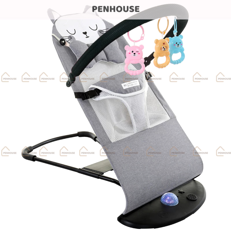 Ghế rung cho bé sơ sinh, ghé nhún bập bênh có gối đầu thanh treo đồ chơi đa năng PENHOUSE