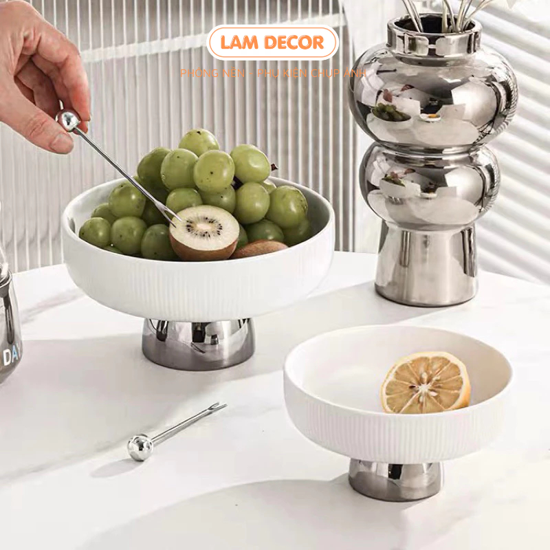 Khay tròn chân trụ cao cấp bằng sứ dùng để đựng đồ, phong cách hiện đại
