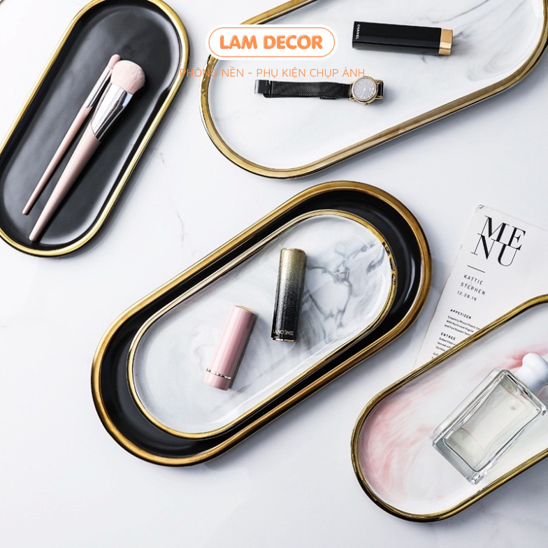 Khay đĩa đá marble viền vàng sang trọng dùng để đựng và bày trang sức, mỹ phẩm