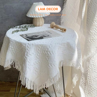 Khăn Trải Bàn Ren Trắng Viền Tua Rua Phong Cách Vintage