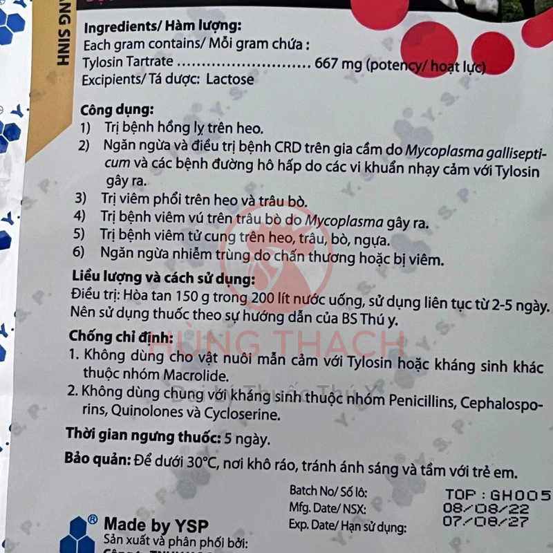 TYLOSIN 150g  hàm lượng tylosin cao chuyên dùng cho tri hô hấp, khò khè, hen khẹc gà, gia cầm, gia súc.