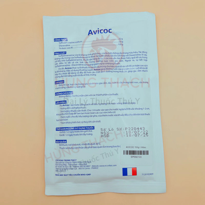 Avicoc Pháp 100gr  cầu trùng gà, phân máu, phân sáp gà chăm sóc vật nuôi