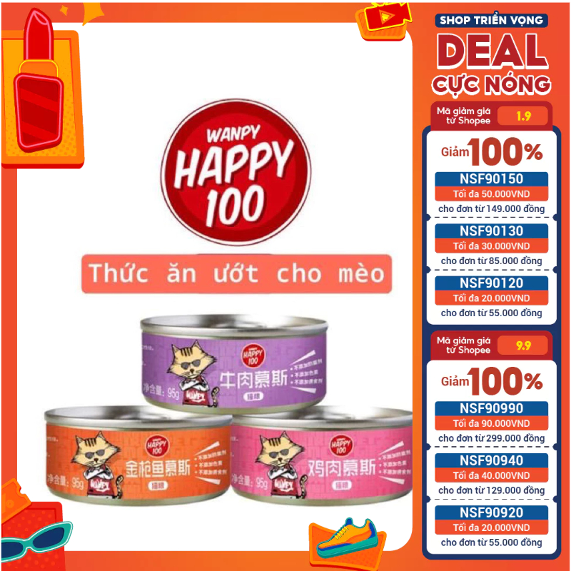 Pate lon Happy100 95g cho mèo đầy đủ dinh dưỡng hoàn chỉnh cho bữa ăn
