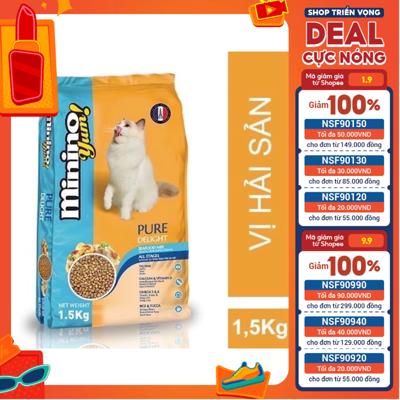 Thức ăn cho mèo Hạt Minino yum! vị hải sản túi 1.5kg nguyên seal