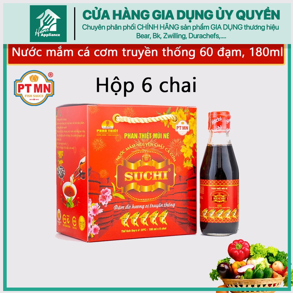 Nước Mắm Cá Cơm Truyền Thống Phan Thiết Mũi Né 60 độ đạm, 180ml GIA VỊ QUÊ HƯƠNG (Hộp 6 chai)