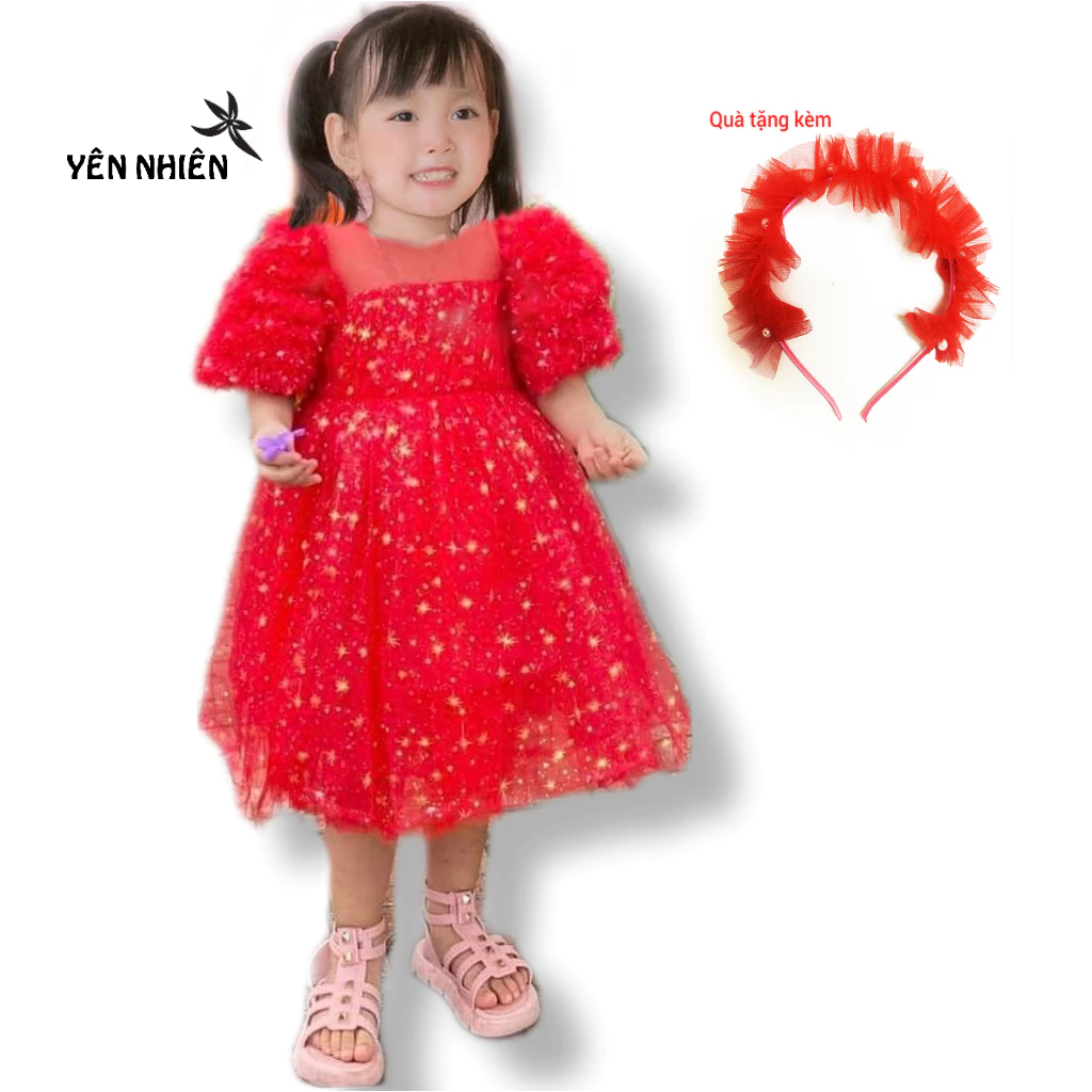 Váy đầm công chúa Yên Nhiên YN08 voan cao cấp màu đỏ lấp lánh kiểu dáng cô dâu nhí