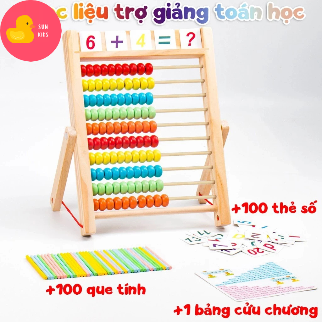 (TẶNG 100 que tính) Đồ Chơi gỗ Thông Minh, Bàn Tính Học Toán Bằng Hạt Gỗ có 100 Hạt Kèm Thẻ Học Thú Vị