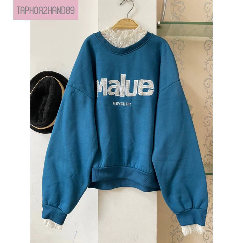 áo nỉ nữ màu xanh phối tay cổ ren trắng freesize