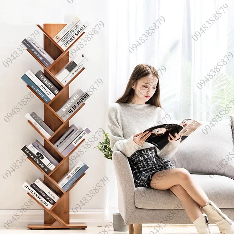 Kệ sách đứng kệ để sàn giá sách hình cây kệ trang trí màu nâu óc chó bền đẹp dễ dàng lắp ráp