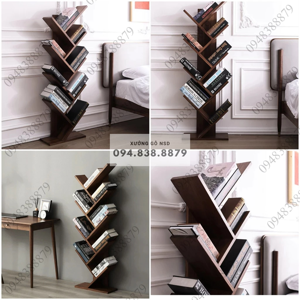 Kệ sách đứng kệ để sàn giá sách hình cây kệ trang trí màu nâu óc chó bền đẹp dễ dàng lắp ráp