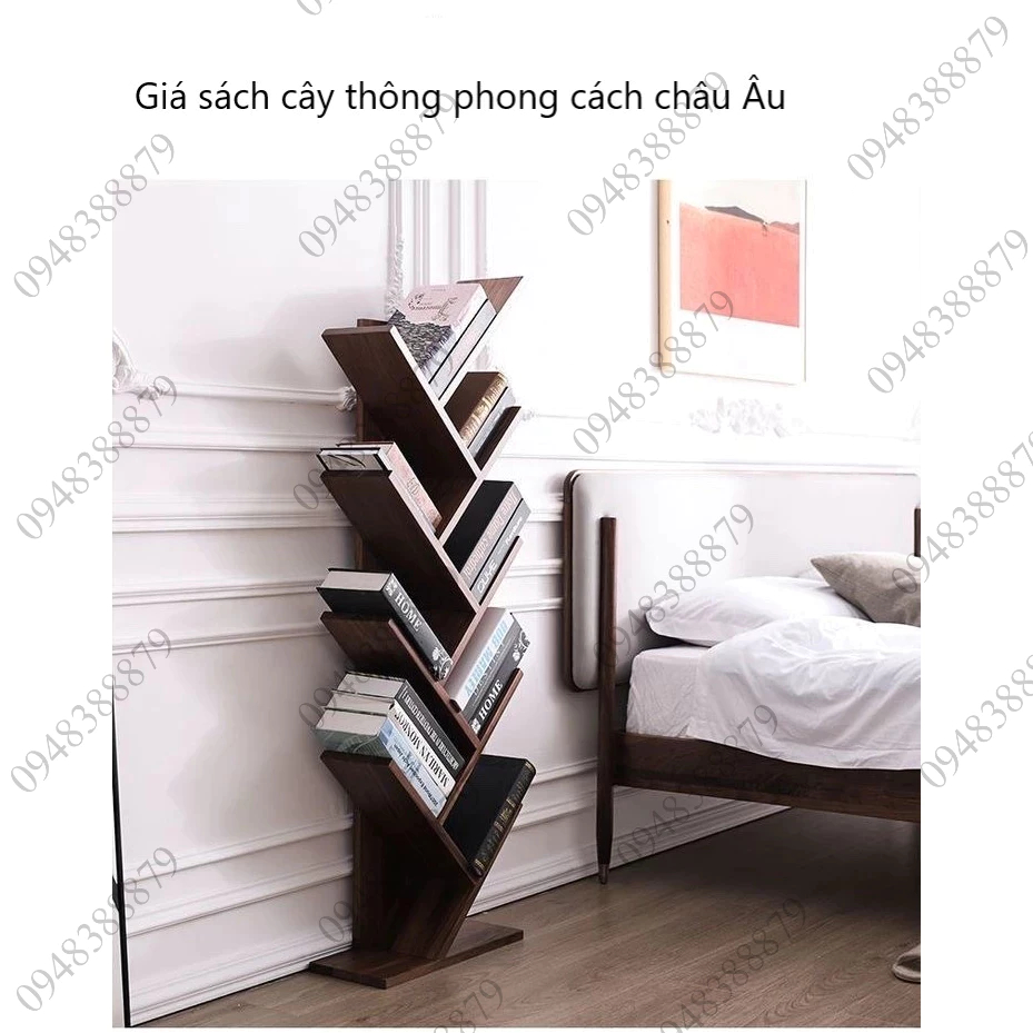Kệ sách đứng kệ để sàn giá sách hình cây kệ trang trí màu nâu óc chó bền đẹp dễ dàng lắp ráp
