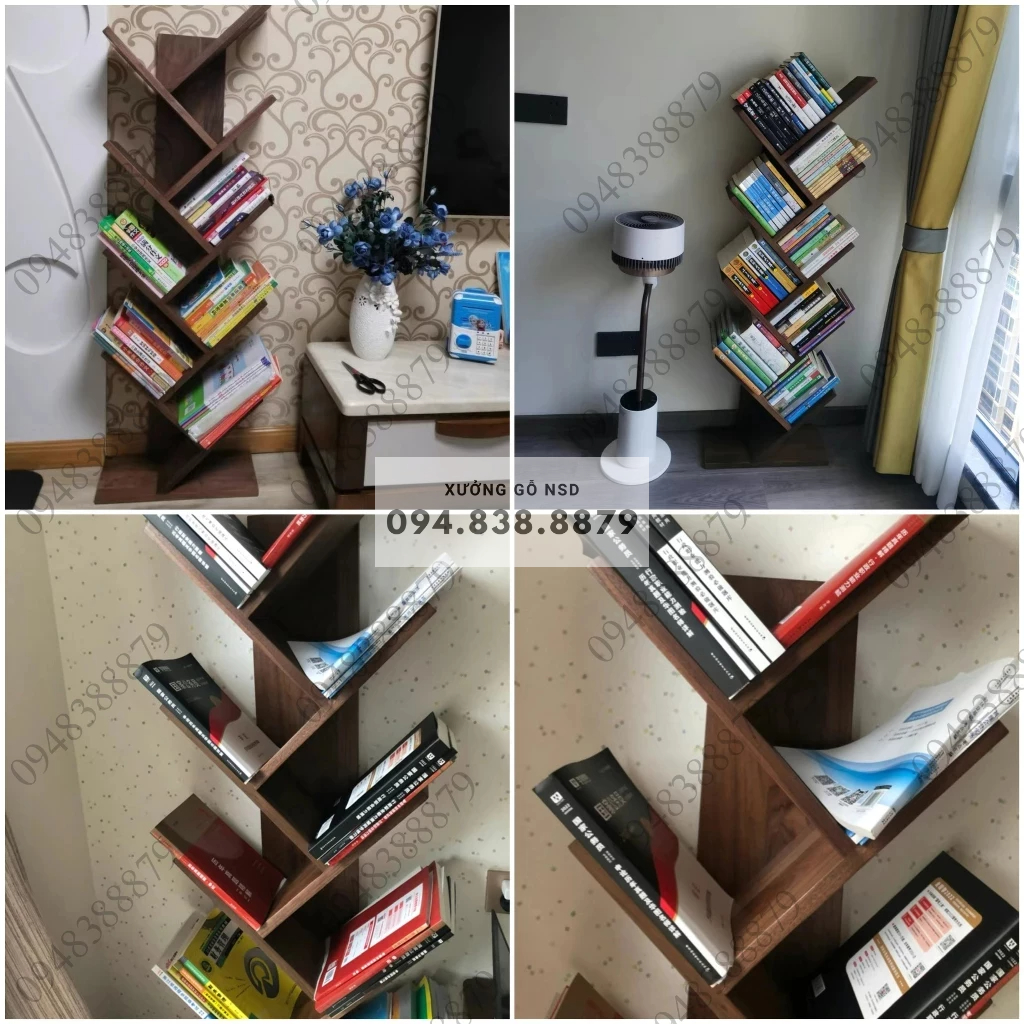 Kệ sách đứng kệ để sàn giá sách hình cây kệ trang trí màu nâu óc chó bền đẹp dễ dàng lắp ráp