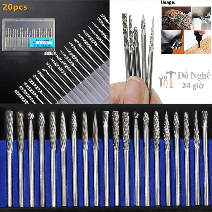 Bộ 20 mũi khắc, mài, làm lũa Vonfram cao cấp 3x3mm