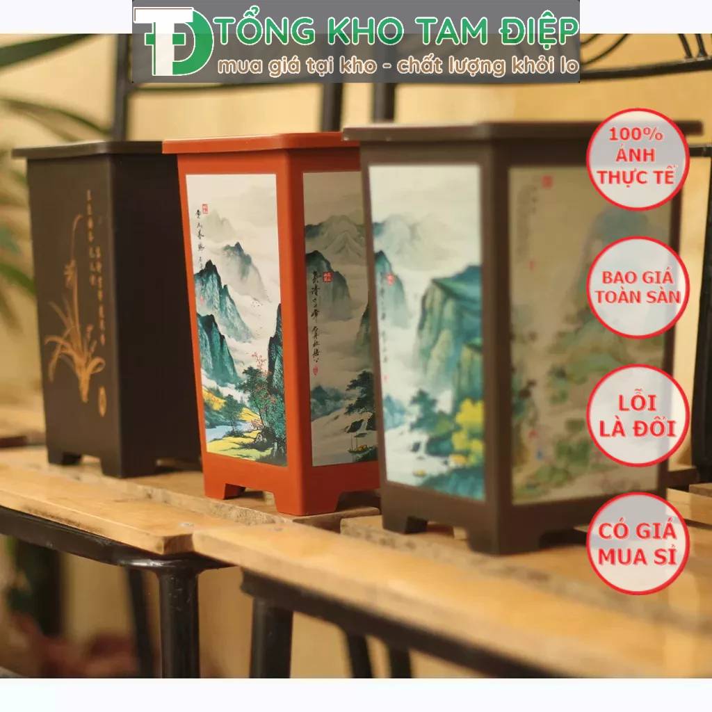 Chậu nhựa giả gốm Phúc Kiến CN96 miệng vuông in hình siêu xinh 3 màu  kích thước 14cmx21,5cmx11cm