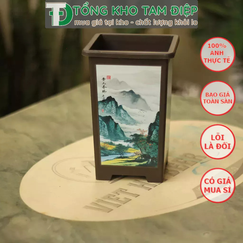 Chậu nhựa giả gốm Phúc Kiến CN96 miệng vuông in hình siêu xinh 3 màu  kích thước 14cmx21,5cmx11cm