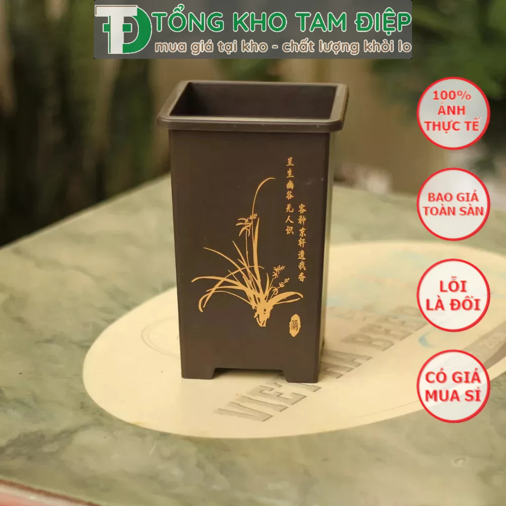 Chậu nhựa giả gốm Phúc Kiến CN96 miệng vuông in hình siêu xinh 3 màu  kích thước 14cmx21,5cmx11cm