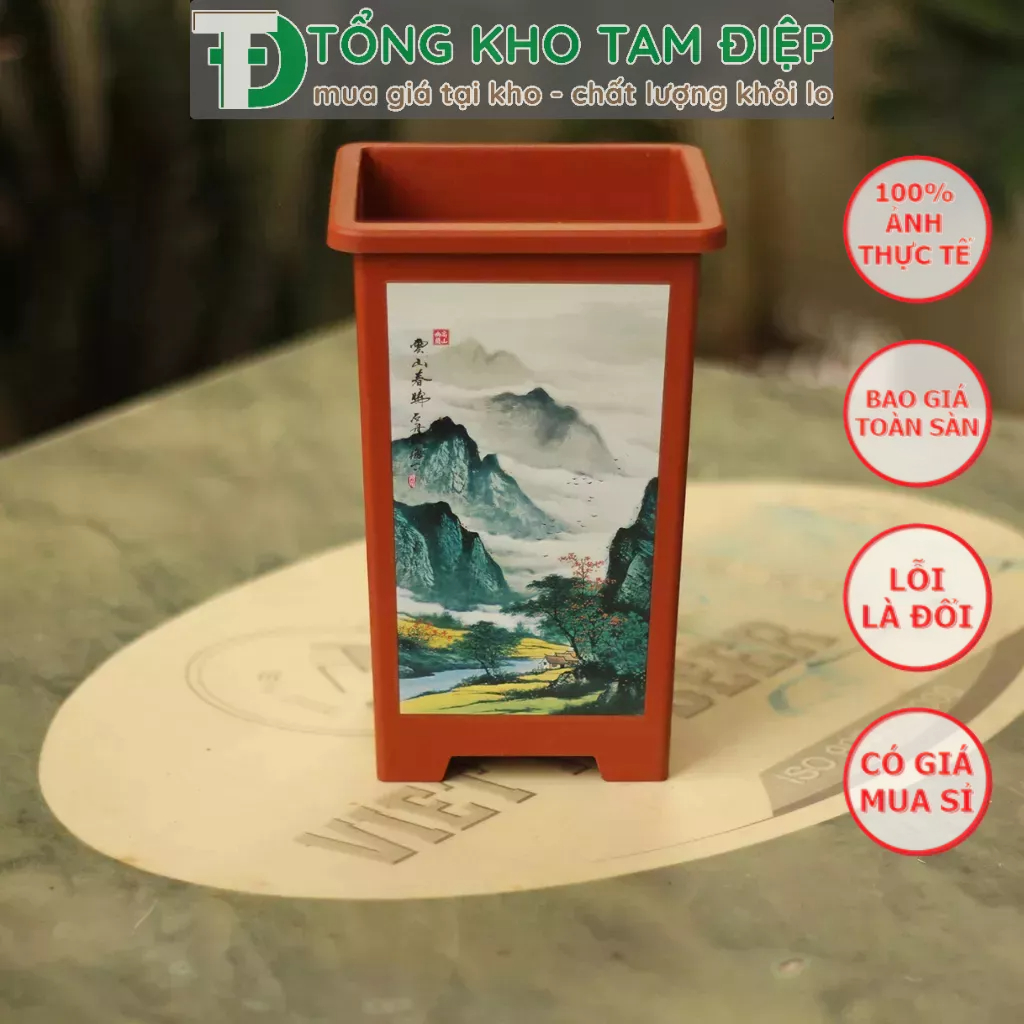 Chậu nhựa giả gốm Phúc Kiến CN96 miệng vuông in hình siêu xinh 3 màu  kích thước 14cmx21,5cmx11cm