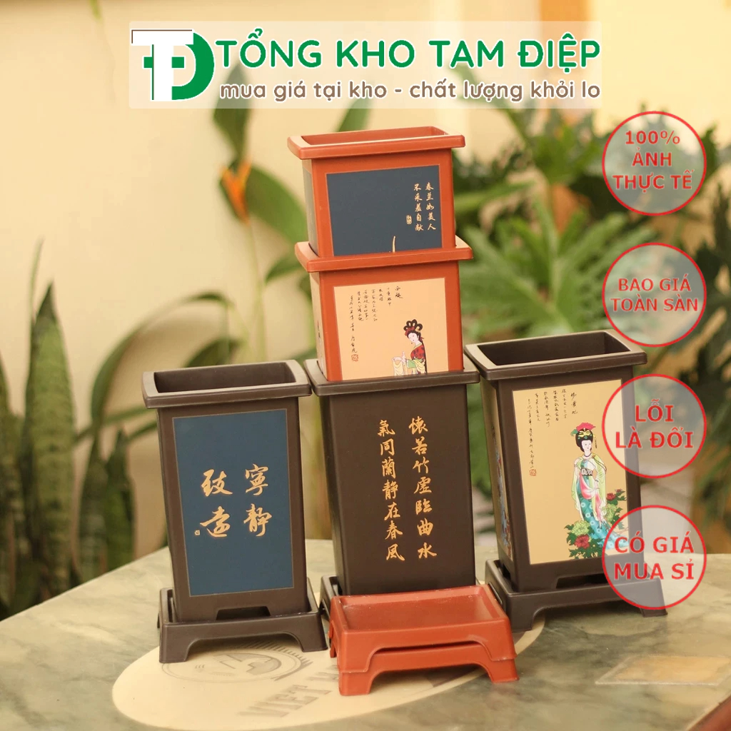 Chậu nhựa giả gốm Phúc Kiến hình chữ nhật kèm đĩa trồng bon sai siêu xinh nhiều màu-Size bé 11,5cmx18cmx9cm