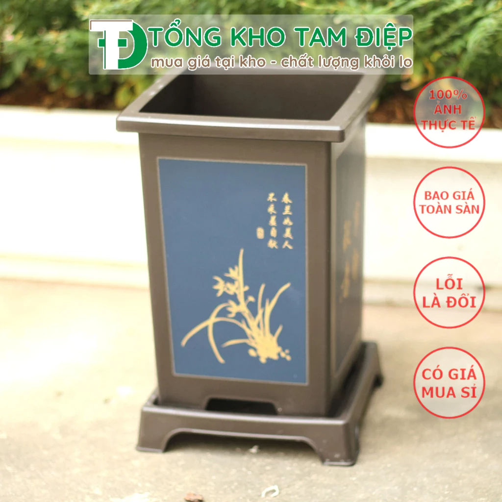 Chậu nhựa giả gốm Phúc Kiến hình chữ nhật kèm đĩa trồng bon sai siêu xinh nhiều màu-Size bé 11,5cmx18cmx9cm
