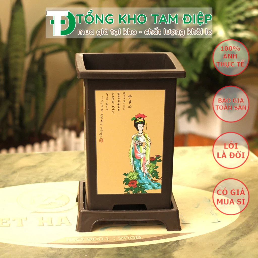 Chậu nhựa giả gốm Phúc Kiến hình chữ nhật kèm đĩa trồng bon sai siêu xinh nhiều màu-Size bé 11,5cmx18cmx9cm