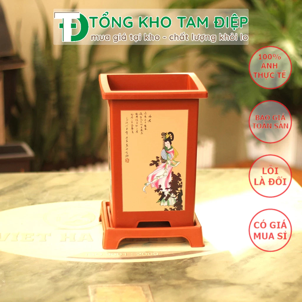 Chậu nhựa giả gốm Phúc Kiến hình chữ nhật kèm đĩa trồng bon sai siêu xinh nhiều màu-Size bé 11,5cmx18cmx9cm