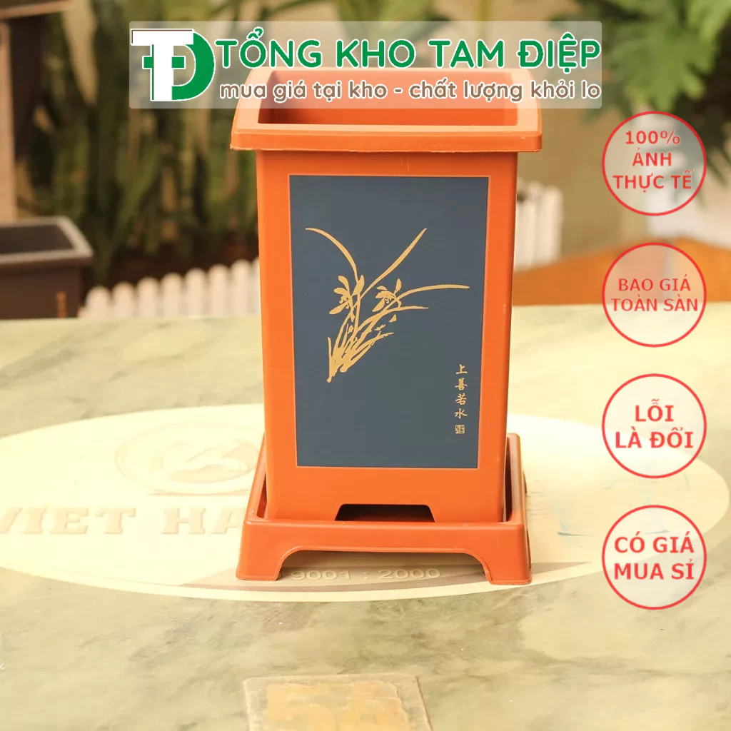 Chậu nhựa giả gốm Phúc Kiến hình chữ nhật kèm đĩa trồng bon sai siêu xinh nhiều màu-Size bé 11,5cmx18cmx9cm