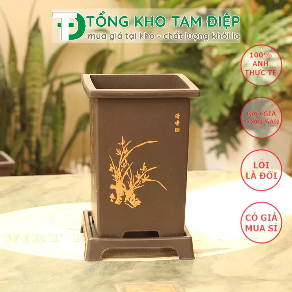 Chậu nhựa giả gốm Phúc Kiến hình chữ nhật kèm đĩa trồng bon sai siêu xinh nhiều màu-Size bé 11,5cmx18cmx9cm