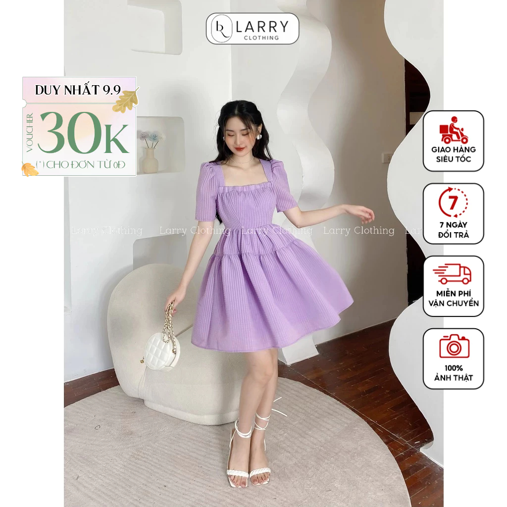Đầm thiết kế nữ váy kẻ xốp dáng babydoll cổ vuông tay lỡ dáng suông cao cấp thời trang thiết kế Larry Clothing V620