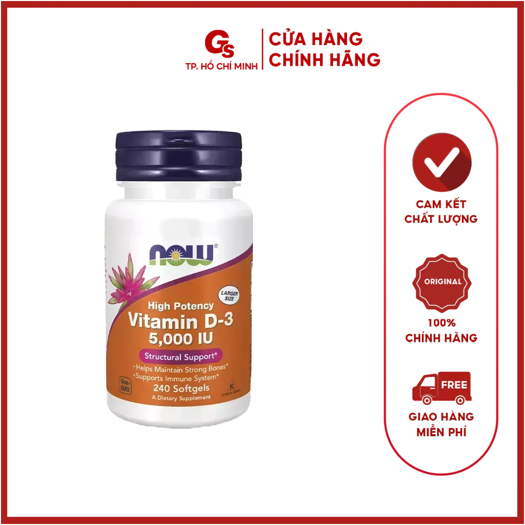 Viên uống Vitamin Now D3 5000IU hỗ trợ sức khỏe toàn diện, cải thiện làn da, trí nhớ, tăng đề kháng, cơ bắp