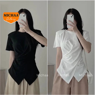 Áo thun nữ xoắn eo tay ngắn vạt nhọn vắt chéo ôm body, áo thun vạt chéo thun gân michaa add31