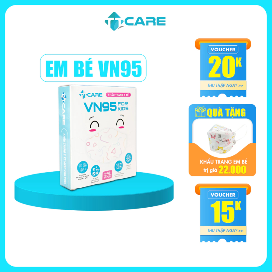 Khẩu trang trẻ em VN95 Kids an toàn sức khỏe cho bé 2 đến 9 tuổi thương hiệu TTcare đạt chuẩn Bộ Y tế