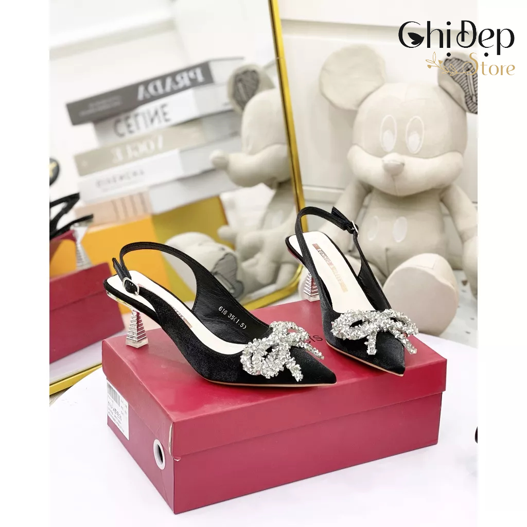 Giày cao gót bít mũi NƠ XƯỚC GÓT THÁP 7cm, Sandal cao gót nữ 7 phân NƠ XƯỚC Chị Đẹp Store mã V7.1