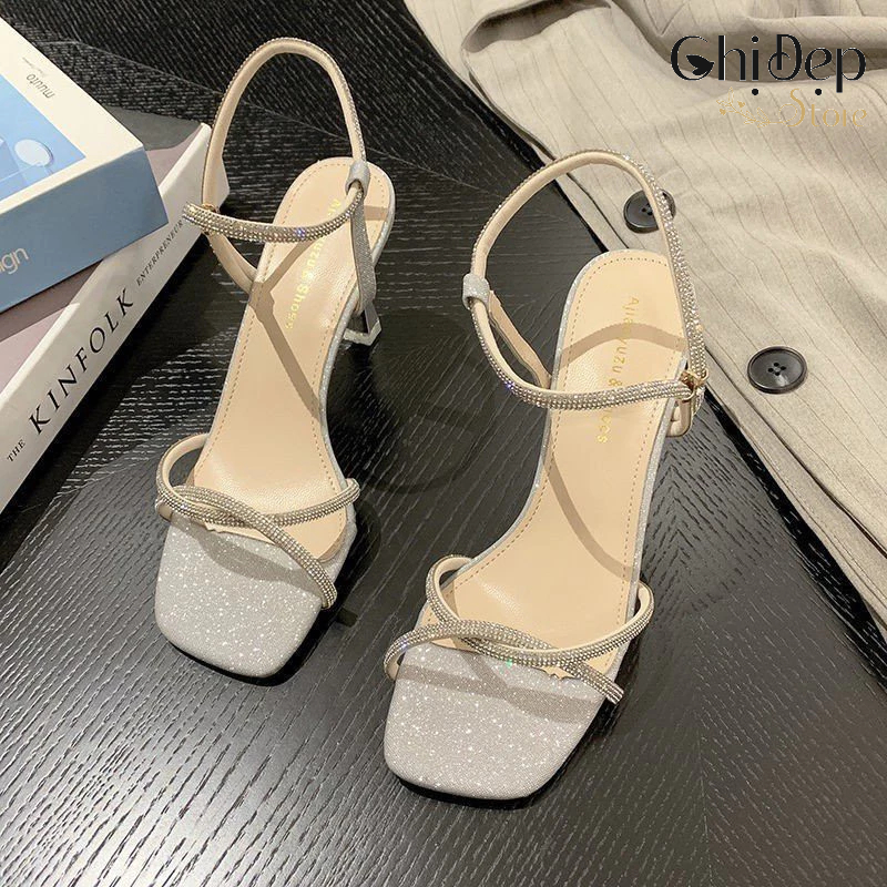 Giày sandal cao gót nữ 7 phân dây xoắn khuy sao, sandal nữ gót nhọn 7cm Chị Đẹp Store mã U49