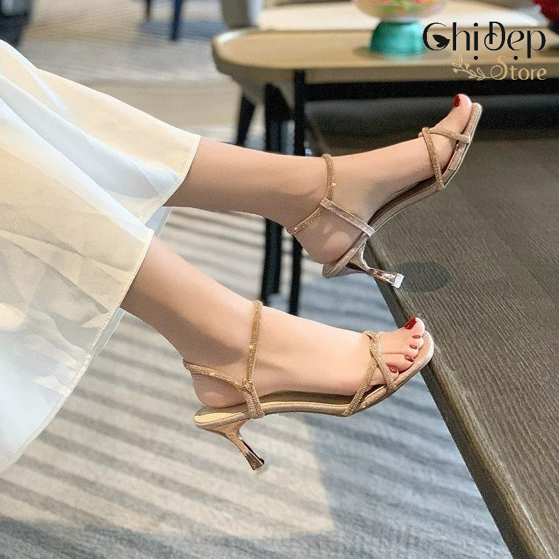 Giày sandal cao gót nữ 7 phân dây xoắn khuy sao, sandal nữ gót nhọn 7cm Chị Đẹp Store mã U49