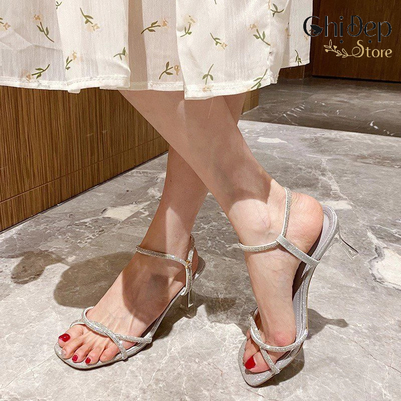 Giày sandal cao gót nữ 7 phân dây xoắn khuy sao, sandal nữ gót nhọn 7cm Chị Đẹp Store mã U49