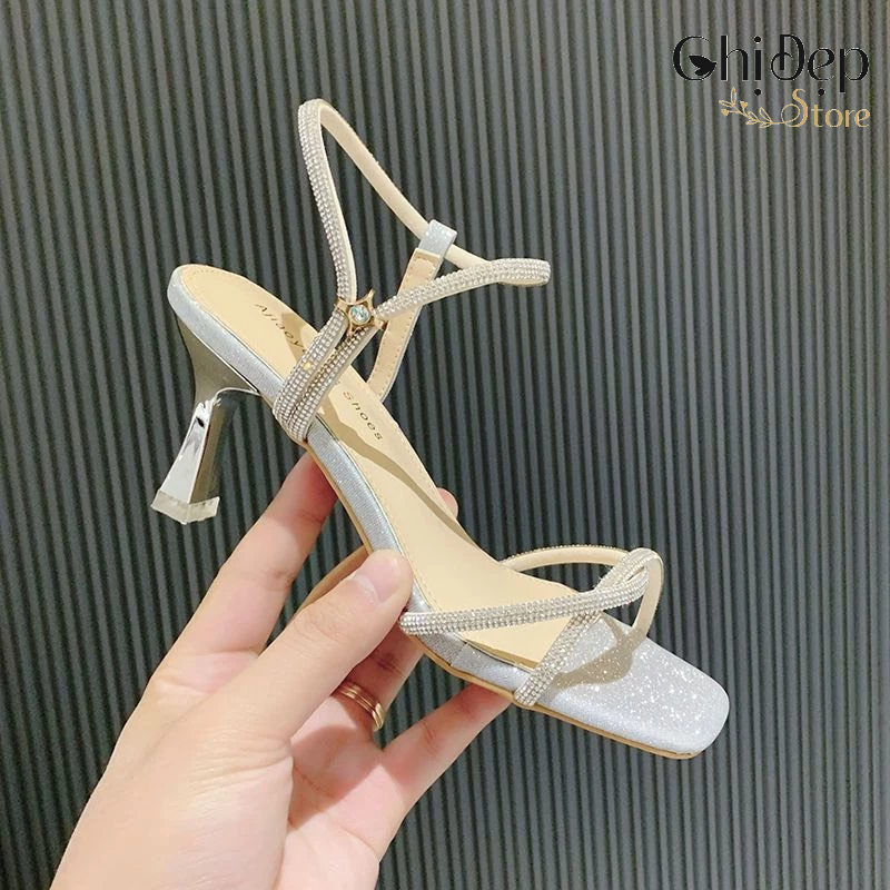 Giày sandal cao gót nữ 7 phân dây xoắn khuy sao, sandal nữ gót nhọn 7cm Chị Đẹp Store mã U49