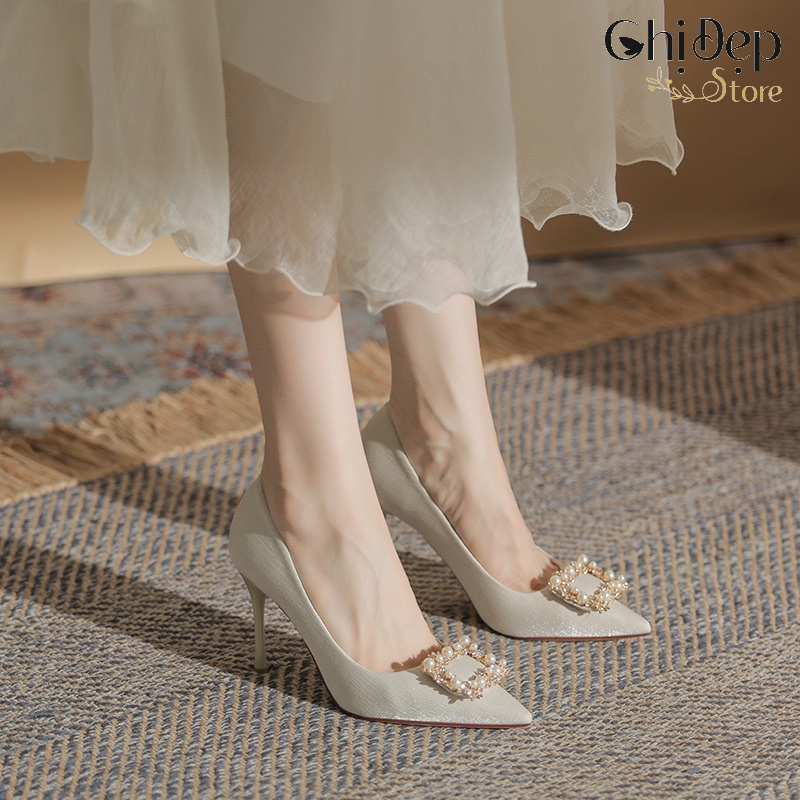 Giày cao gót nữ bít mũi đá ngọc gót nhọn, Sandal nữ cao gót 9 phân mã H167