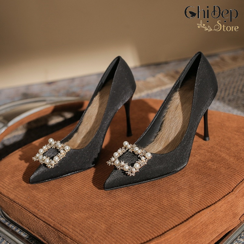 Giày cao gót nữ bít mũi đá ngọc gót nhọn, Sandal nữ cao gót 9 phân mã H167