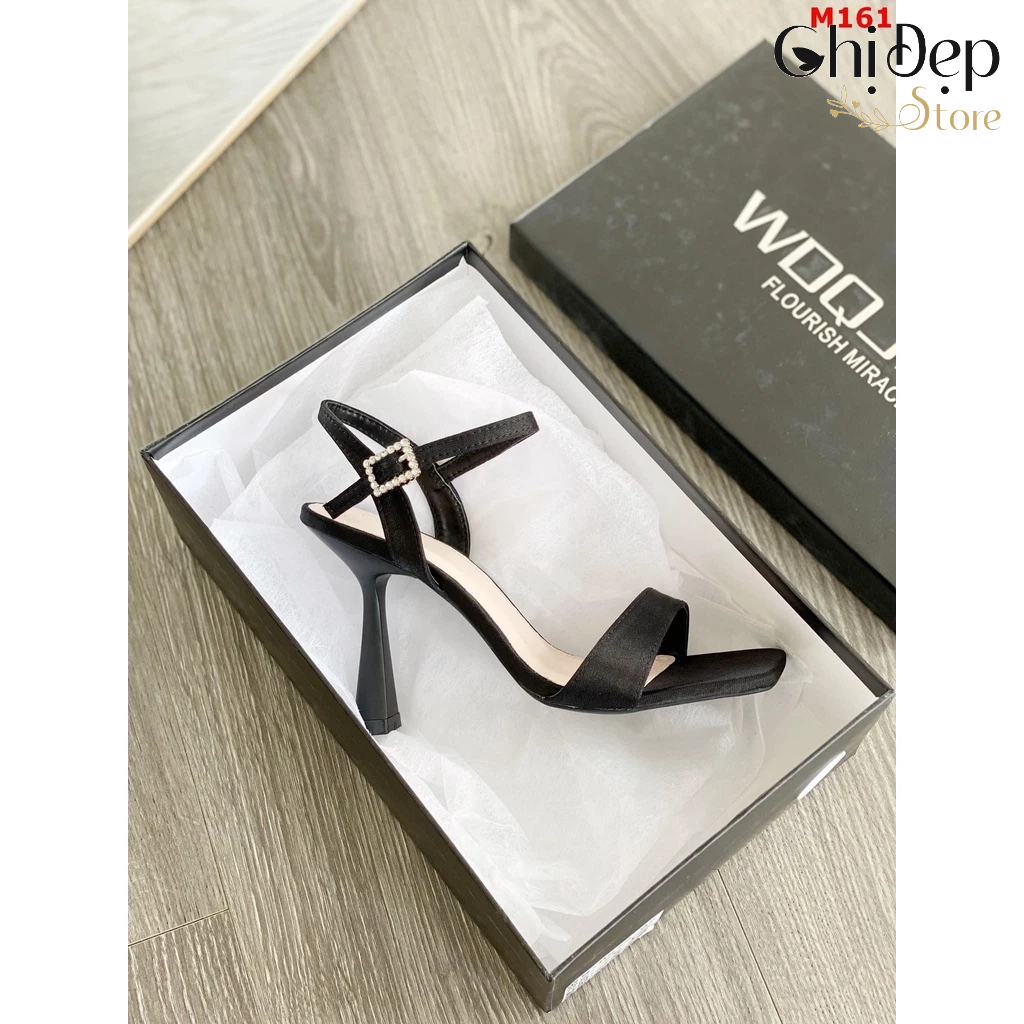 Sandal cao gót quai ngang gót nhọn 8 phân khuy đính đá mã U14
