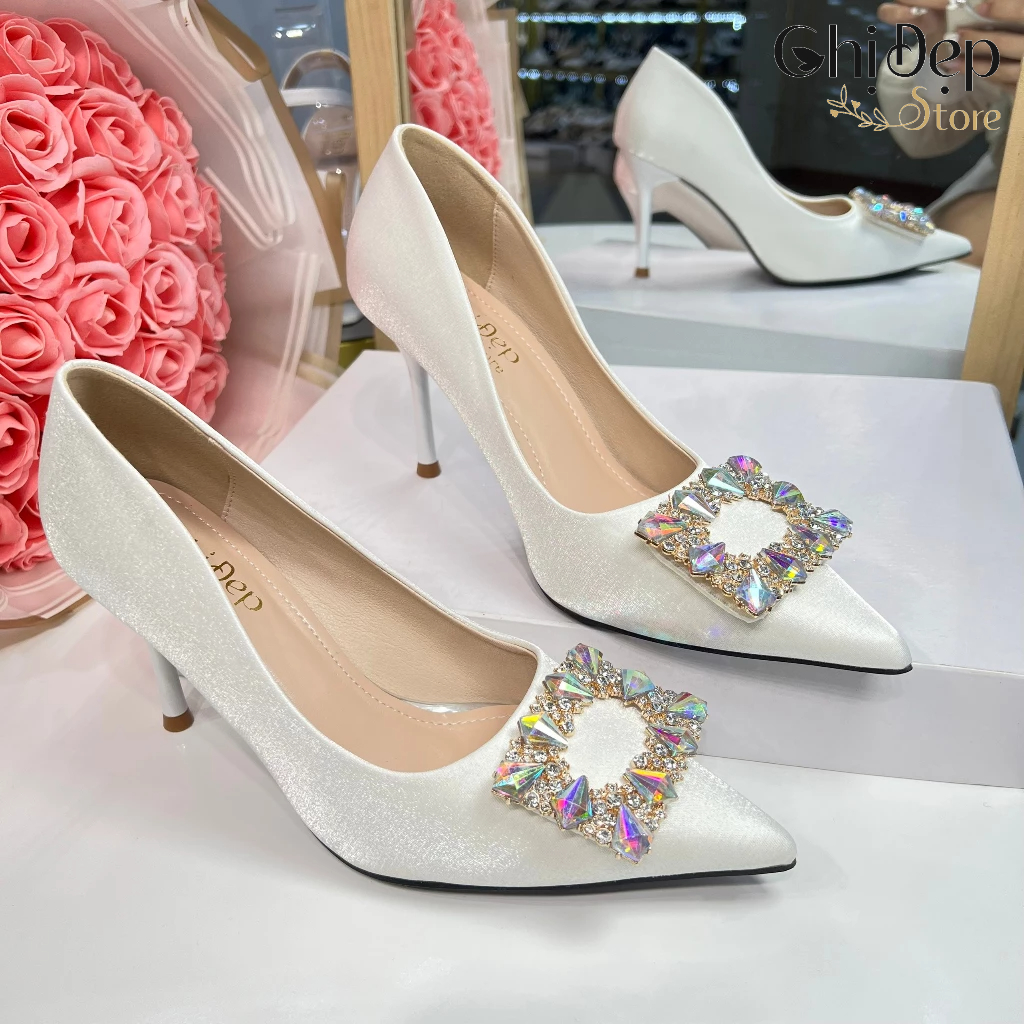 Giày cao gót nữ bít mũi đính ĐÁ VUÔNG ĐỔI MÀU gót nhọn 9cm, Sandal nữ cao gót 9 phân mã U33