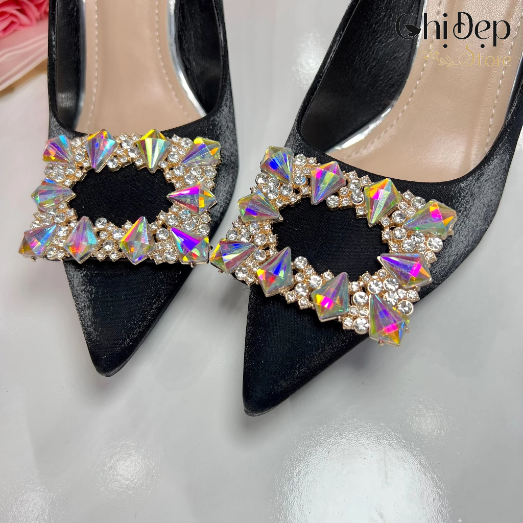 Giày cao gót nữ bít mũi đính ĐÁ VUÔNG ĐỔI MÀU gót nhọn 9cm, Sandal nữ cao gót 9 phân mã U33