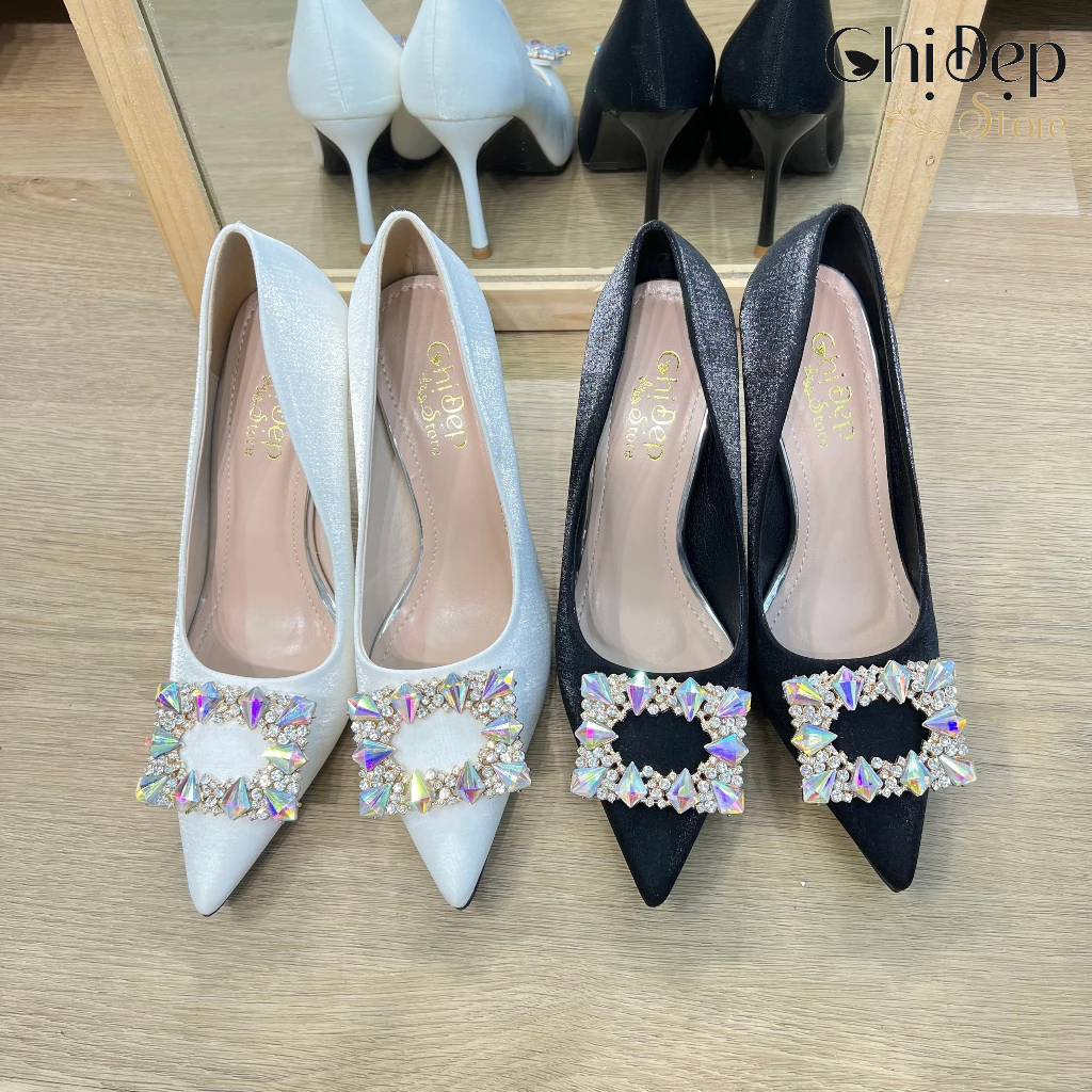 Giày cao gót nữ bít mũi đính ĐÁ VUÔNG ĐỔI MÀU gót nhọn 9cm, Sandal nữ cao gót 9 phân mã U33