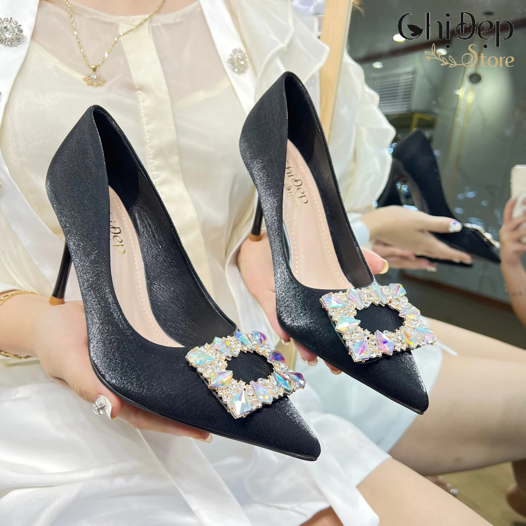 Giày cao gót nữ bít mũi đính ĐÁ VUÔNG ĐỔI MÀU gót nhọn 9cm, Sandal nữ cao gót 9 phân mã U33